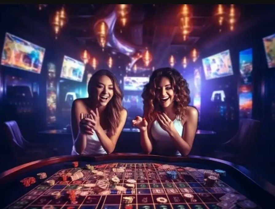 Responsible gaming reminder beside red casino slot entertainment visuals